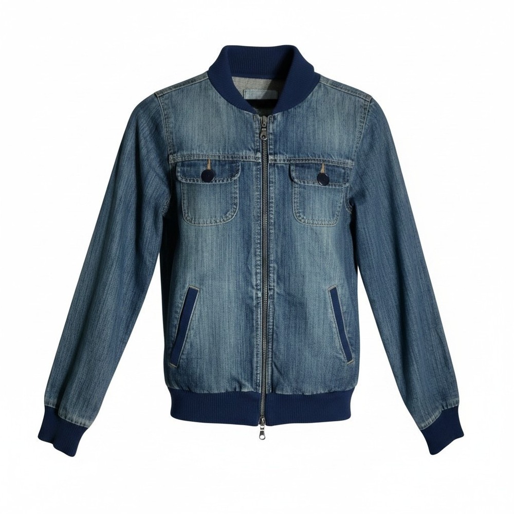 Fossil Denim Bomber Jacket Mens Medium Blue Full Zip Ribbed Trim RN92638